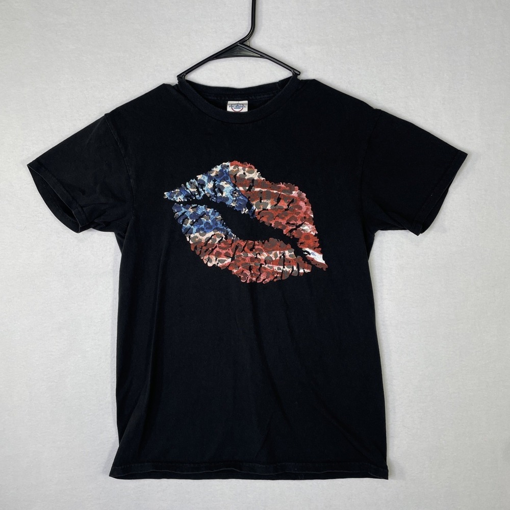 VTG Delta Pro Weight Womens Small Graphic Print T Shirt Blck Red White Blue Lips